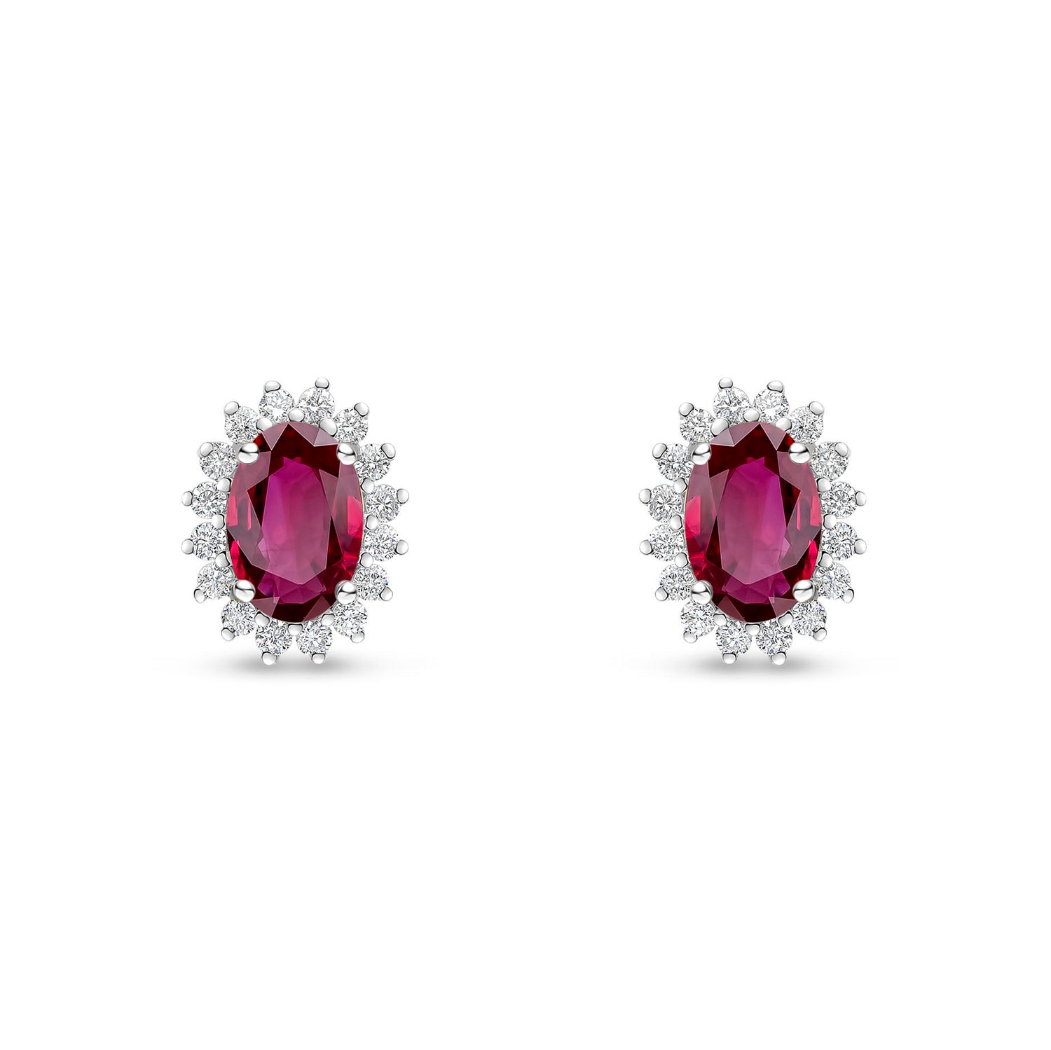 18ct White Gold Oval Natural Ruby and Round Diamond Claw Set Cluster Stud Earrings — 6x4mm