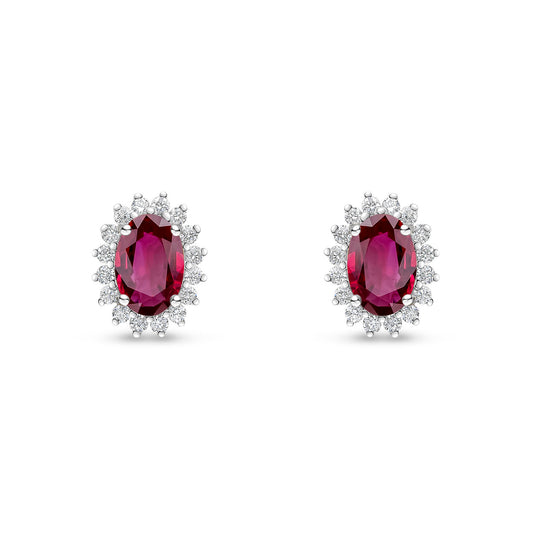 18ct White Gold Oval Natural Ruby and Round Diamond Claw Set Cluster Stud Earrings — 6x4mm
