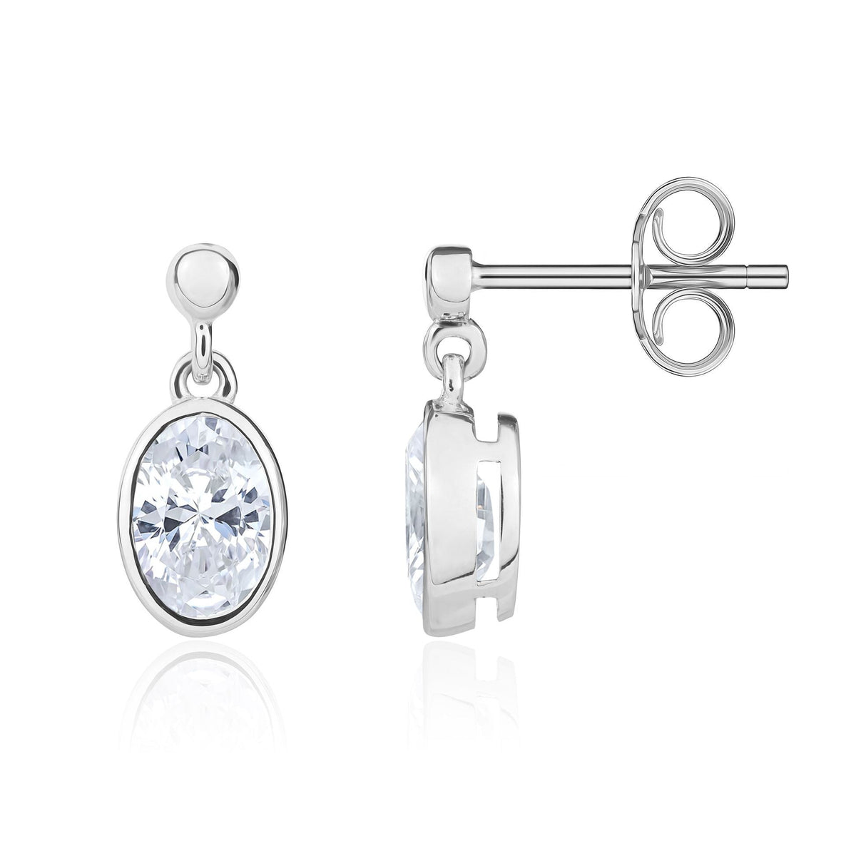 9ct White Gold Oval Cubic Zirconia CZ Rubover Drop Earrings — 7x5mm
