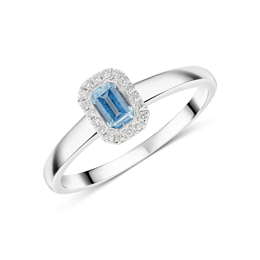 18ct White Gold Emerald Cut Aquamarine and Diamond Microset Cluster Ring — 5x3mm