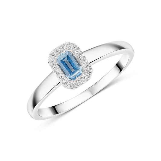18ct White Gold Octagonal Emerald Cut Natural Aquamarine and Diamond Halo Cluster Ring — 5x3mm