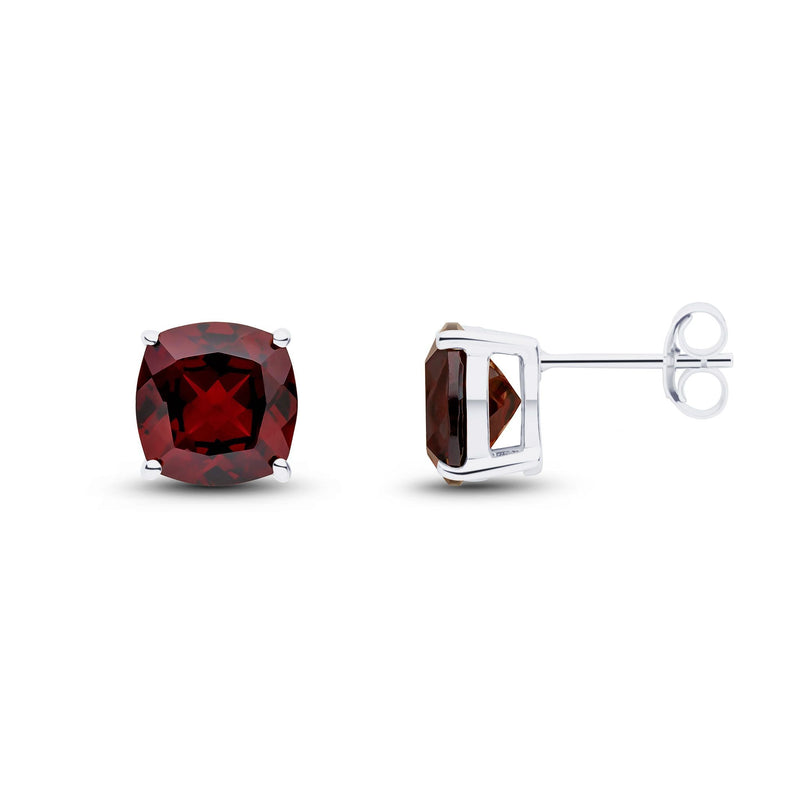 9ct White Gold Cushion Natural Garnet Claw Stud Earrings — 8mm
