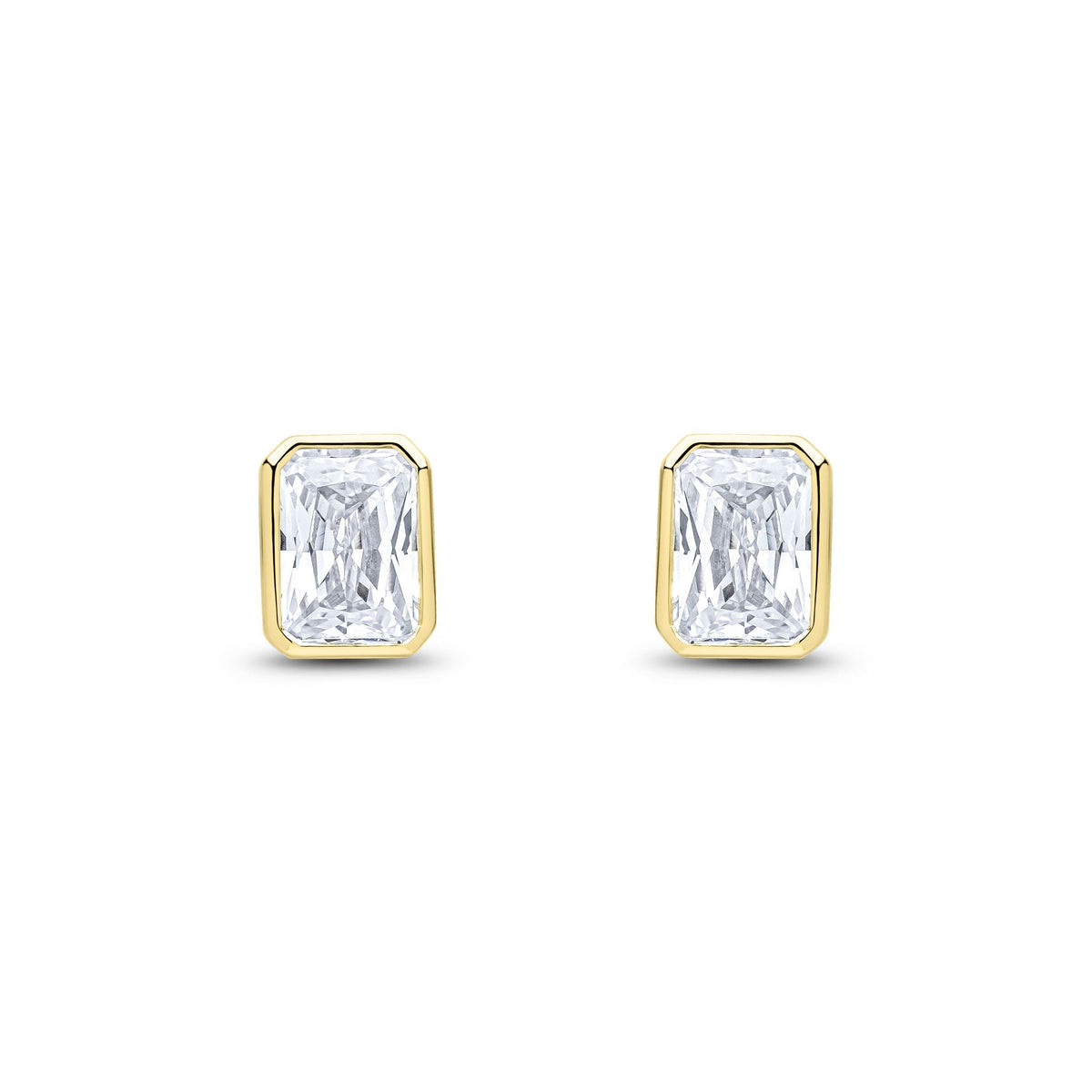 9ct Yellow Gold Octagonal Emerald Cut Cubic Zirconia CZ Rubover Stud Earrings — 7x5mm