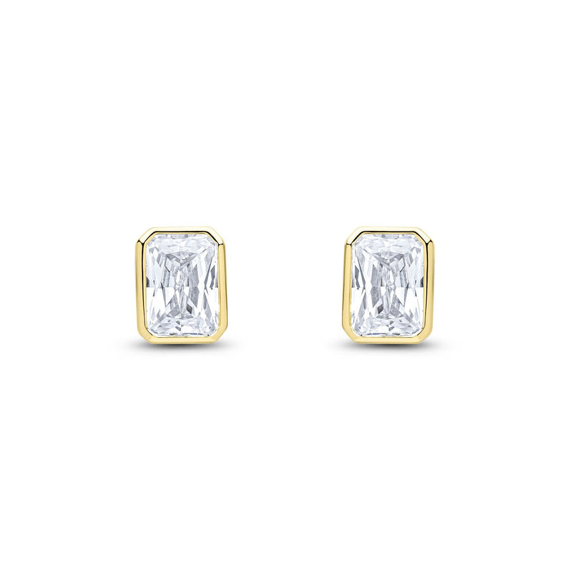9ct Yellow Gold Octagonal Emerald Cut Cubic Zirconia CZ Rubover Stud Earrings — 7x5mm