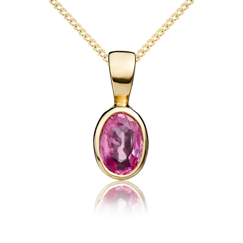 9ct Yellow Gold Oval Natural Pink Sapphire Rubover Pendant — 6x4mm