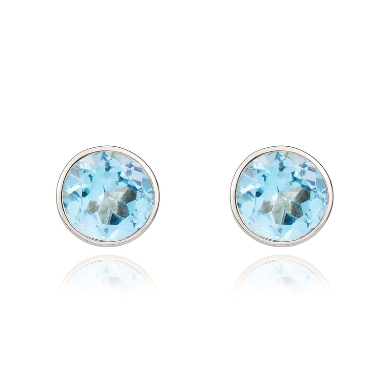 9ct White Gold Round Natural Swiss Blue Topaz Rubover Stud Earrings — 5mm