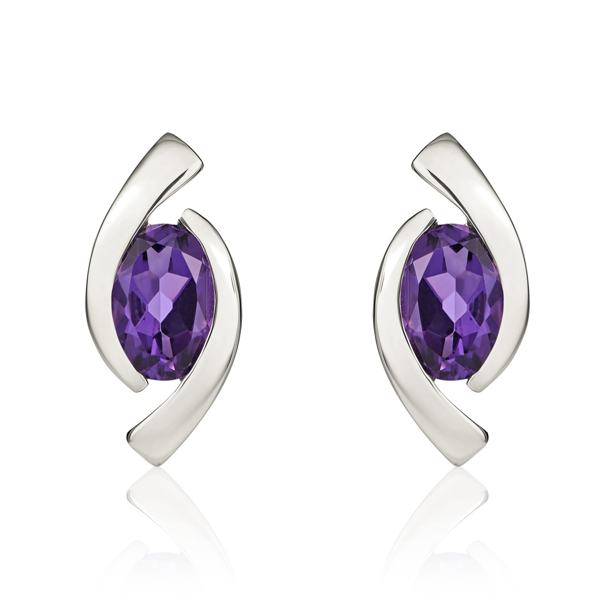 9ct White Gold Oval Natural Amethyst 'Eye' Stud Earrings — 6x4mm