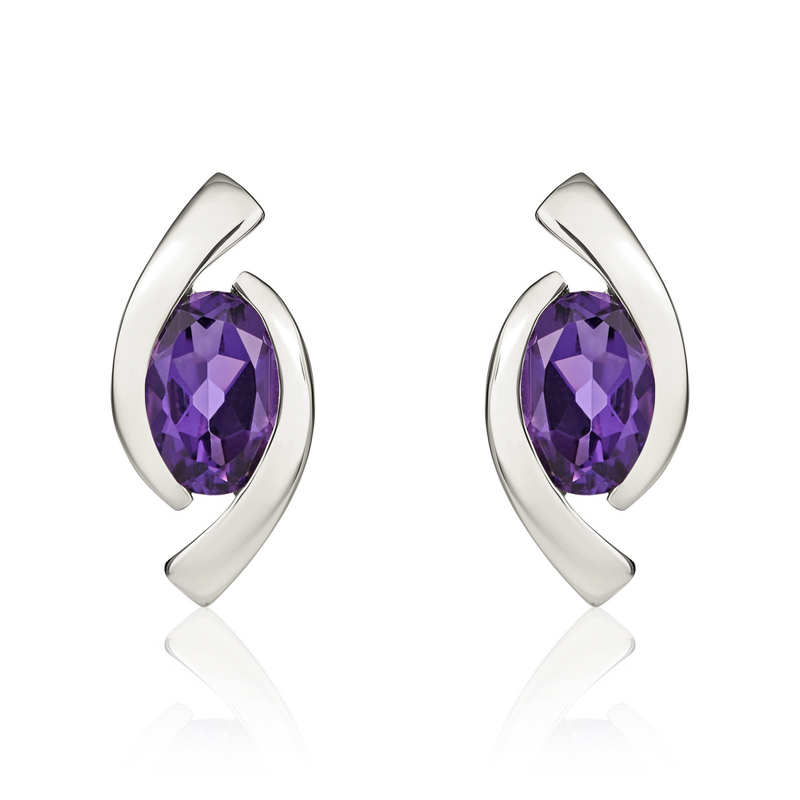 9ct White Gold Oval Natural Amethyst 'Eye' Stud Earrings — 6x4mm