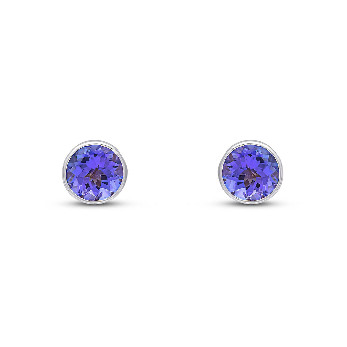 9ct White Gold Round Natural Tanzanite Rubover Stud Earrings — 5mm