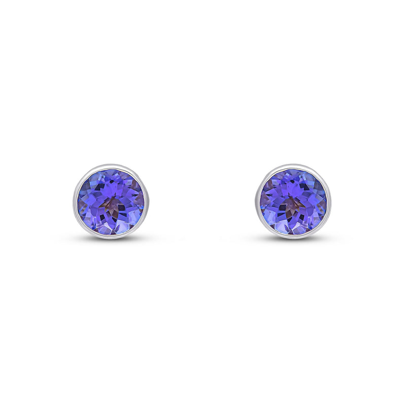 9ct White Gold Round Natural Tanzanite Rubover Stud Earrings — 5mm