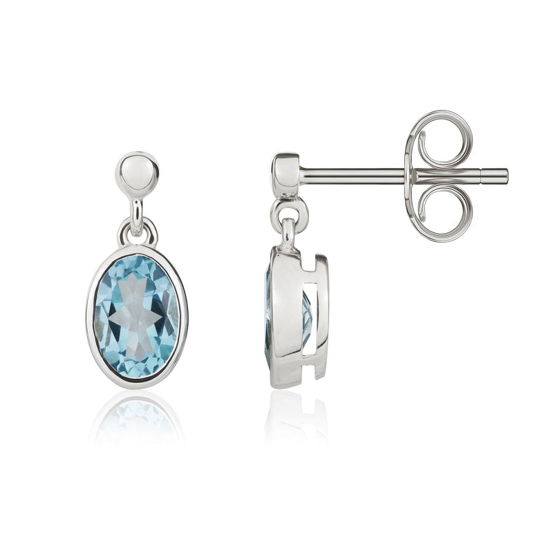 9ct White Gold Oval Natural Swiss Blue Topaz Rubover Drop Earrings — 6x4mm