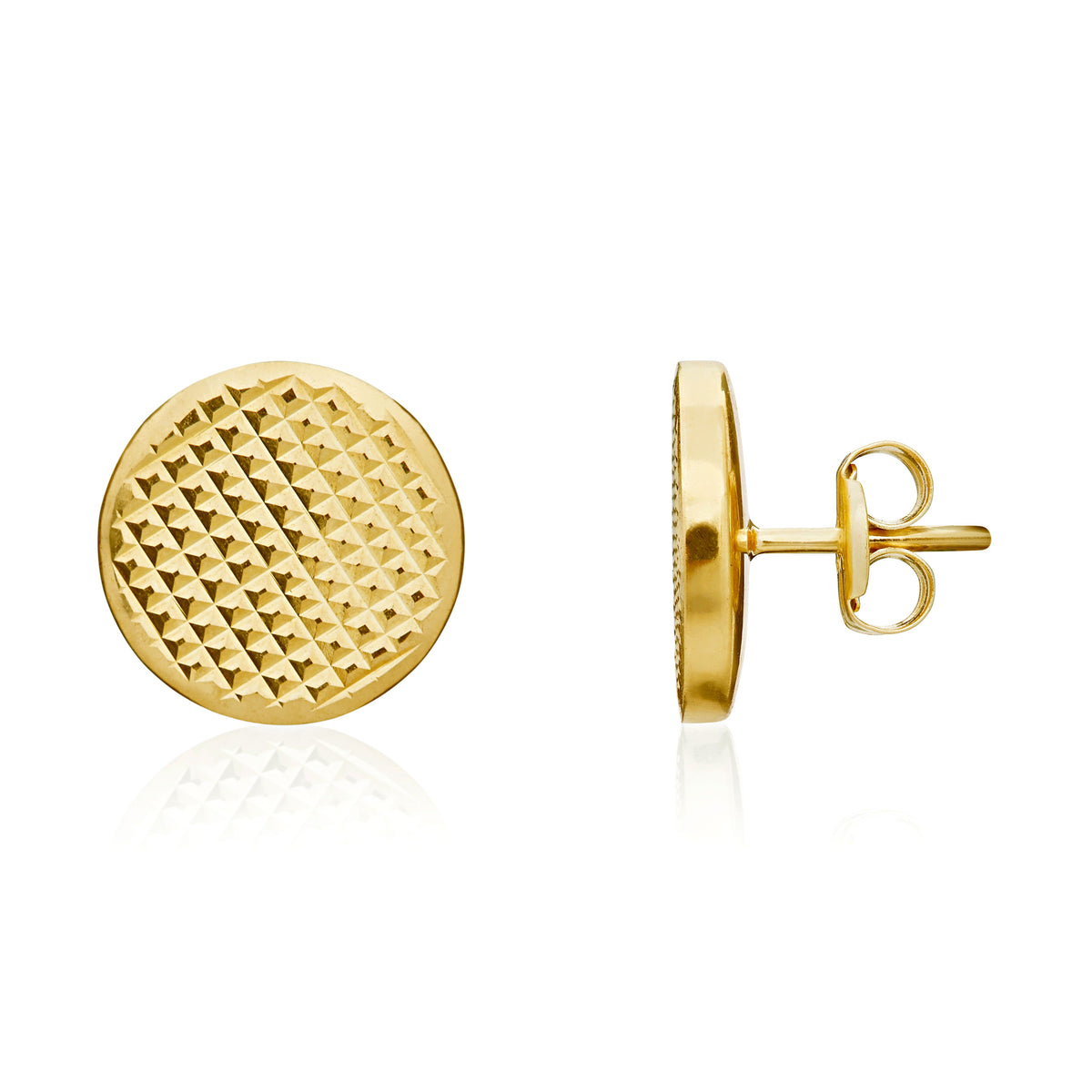 9ct Gold Engine Turned Flat Disc Stud Earrings — 10.5mm