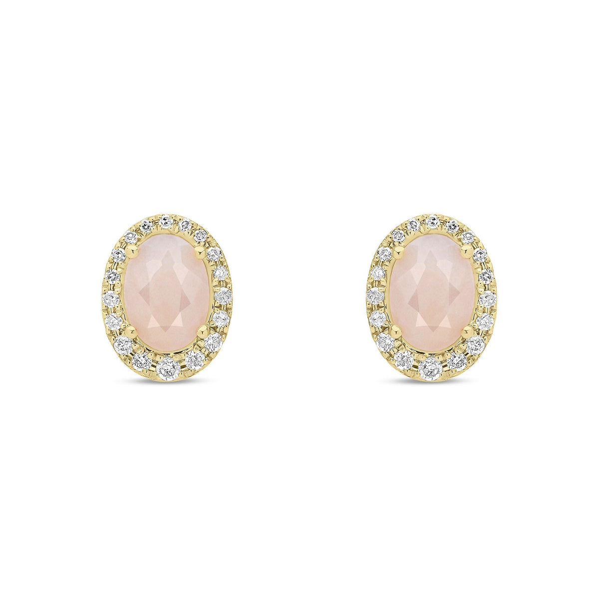 9ct Yellow Gold Oval Natural Pink Opal & Diamond Cluster Stud Earrings — 7x5mm