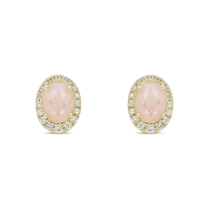 9ct Yellow Gold Oval Natural Pink Opal & Diamond Cluster Stud Earrings — 7x5mm