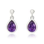 9ct White Gold Pear Shaped Natural Amethyst Rubover Drop Earrings — 7x5mm