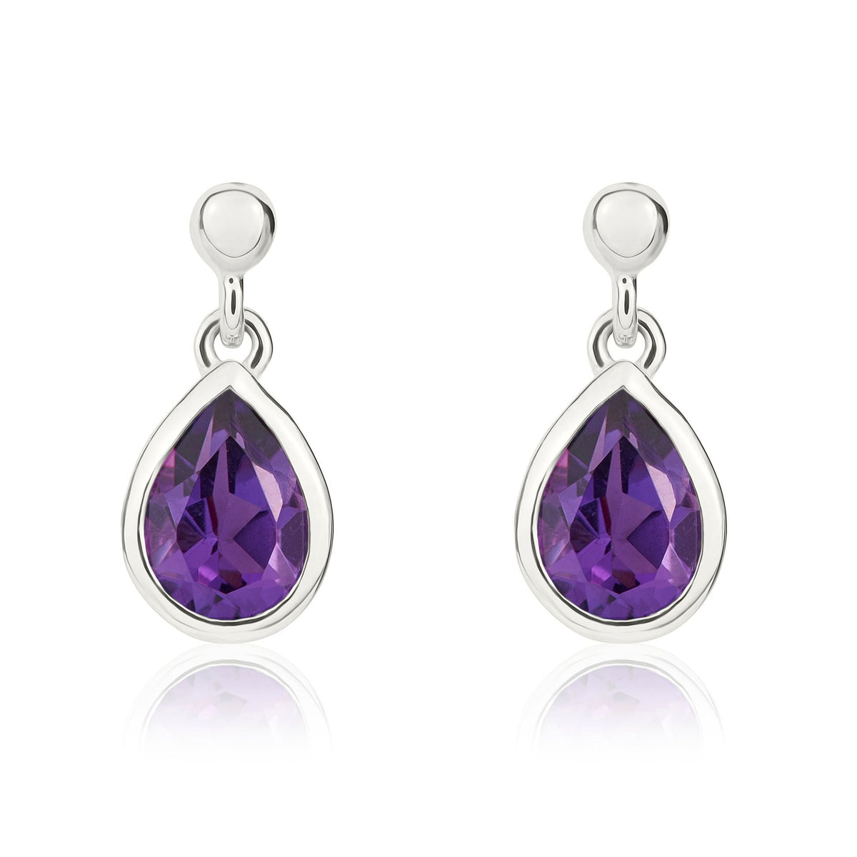 9ct White Gold Pear Shaped Natural Amethyst Rubover Drop Earrings — 7x5mm
