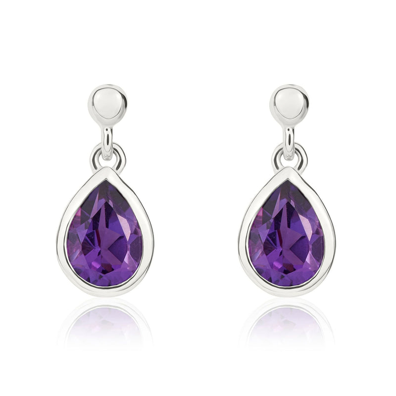 9ct White Gold Pear Shaped Natural Amethyst Rubover Drop Earrings — 7x5mm