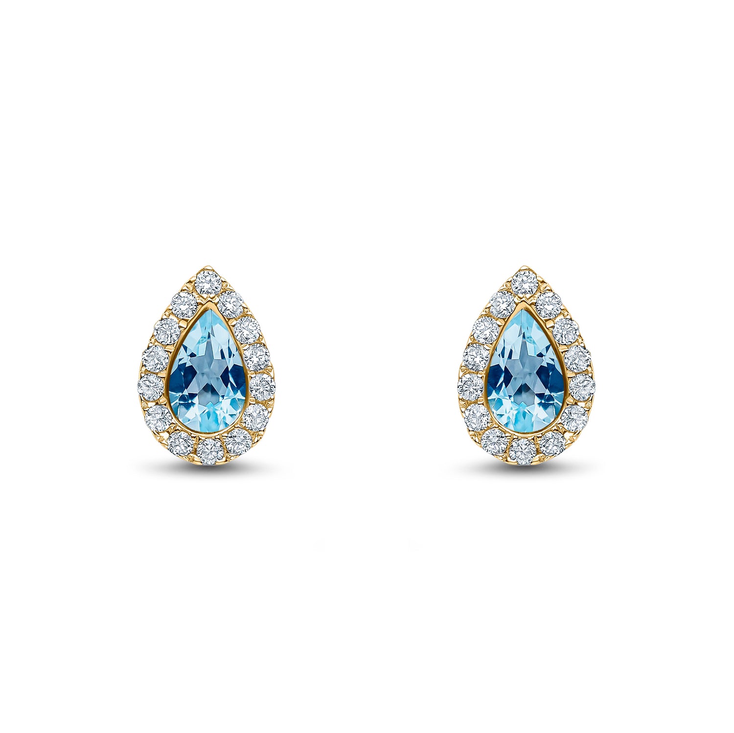 18ct Yellow Gold Pear Shaped Natural Aquamarine and Diamond Cluster Stud Earrings — 5x3mm
