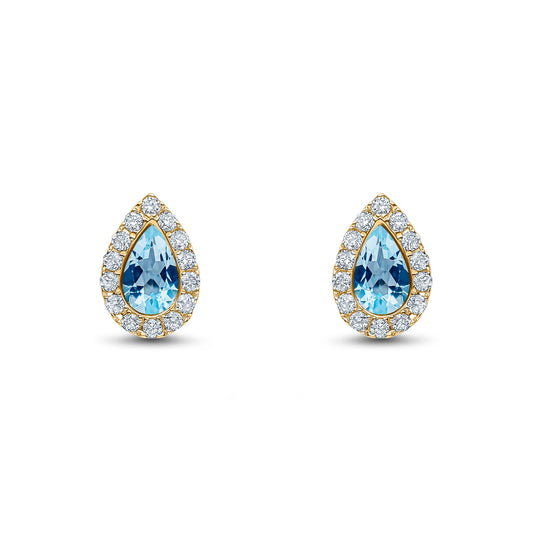 18ct Yellow Gold Pear Shaped Natural Aquamarine and Diamond Cluster Stud Earrings — 5x3mm