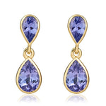 9ct Yellow Gold Pear Shaped Natural Tanzanite Two Stone Rubover Drop Earrings