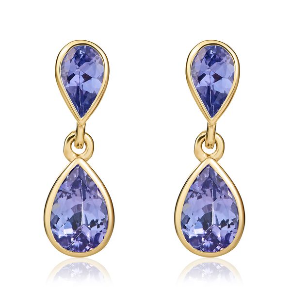 9ct Yellow Gold Pear Shaped Natural Tanzanite Two Stone Rubover Drop Earrings