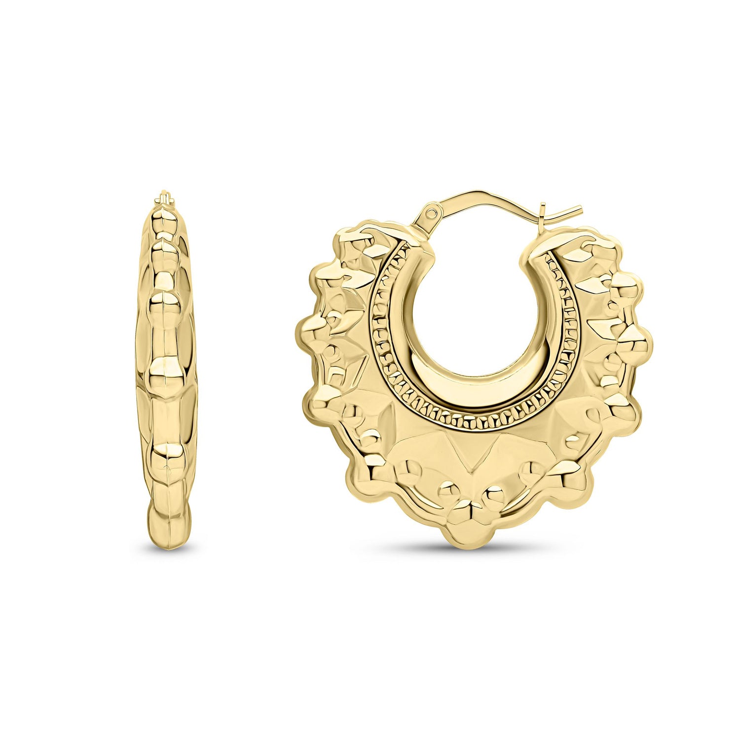 9ct Yellow Gold Beaded Ornate Hoop Earrings