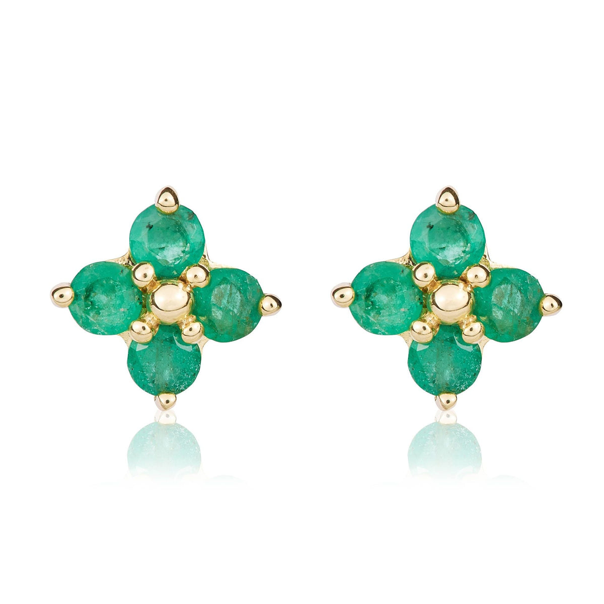 9ct Yellow Gold Round Natural Emerald Four Stone Cluster Stud Earrings