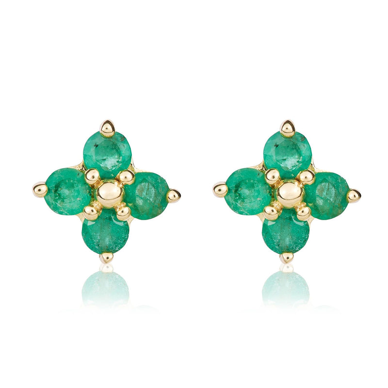 9ct Yellow Gold Round Natural Emerald Four Stone Cluster Stud Earrings
