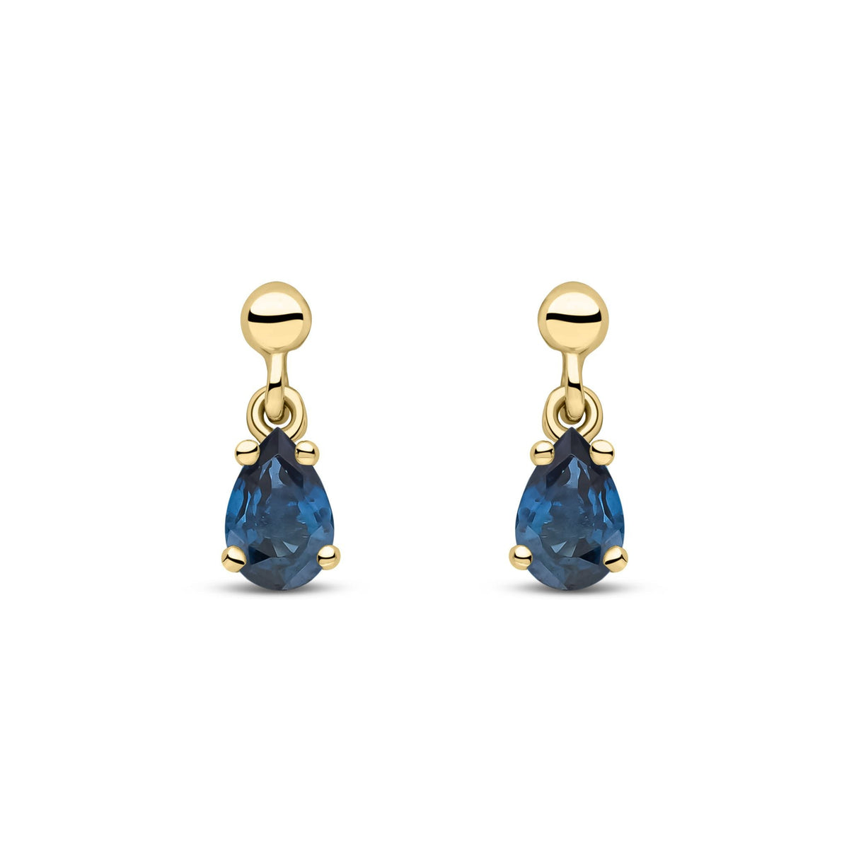 9ct Yellow Gold Pear Shaped Natural Sapphire Claw Drop Earrings — 6x4mm