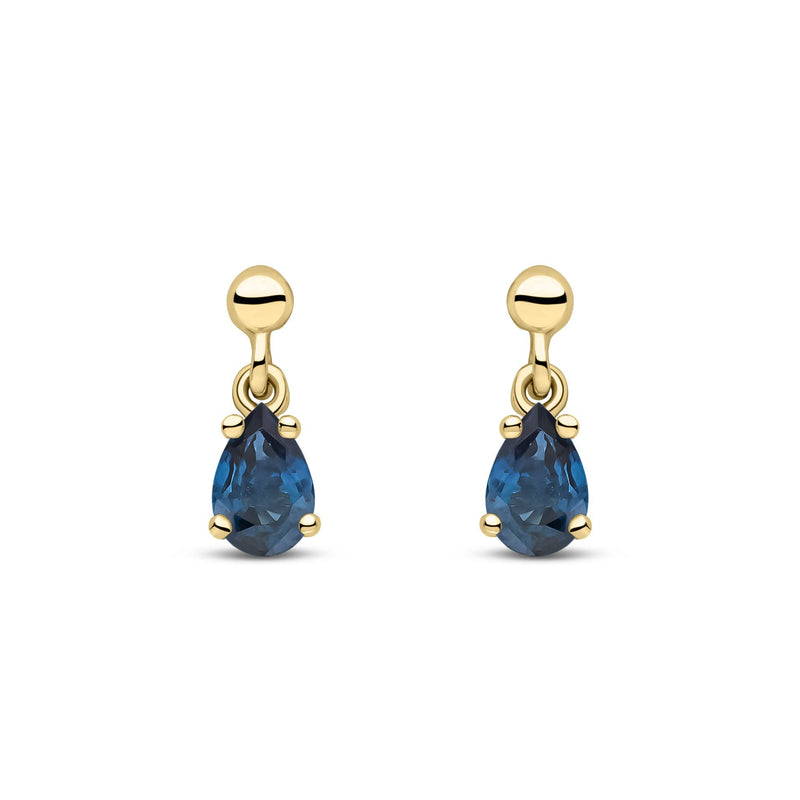9ct Yellow Gold Pear Shaped Natural Sapphire Claw Drop Earrings — 6x4mm