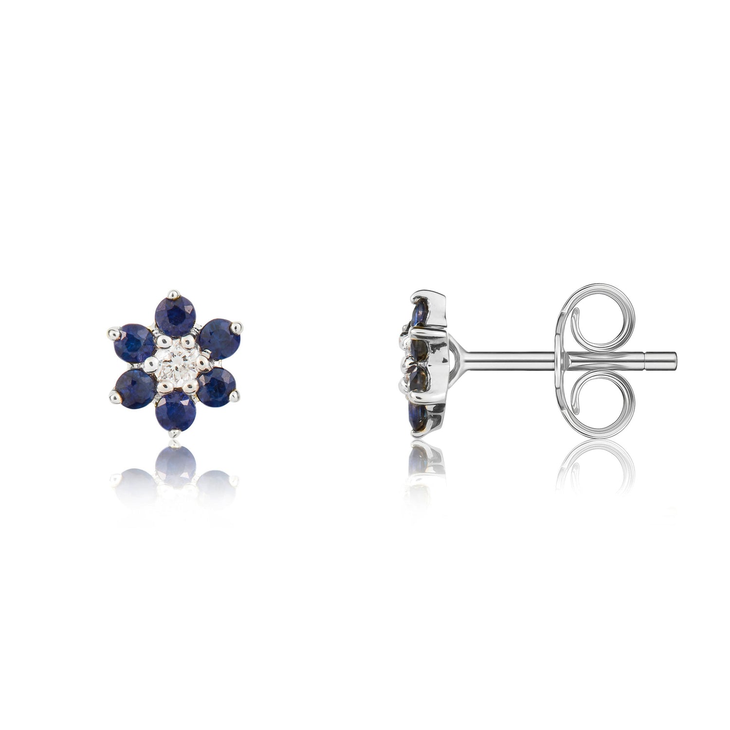9ct White Gold Round Natural Sapphire and Diamond Reverse Cluster Earrings — 6.4mm