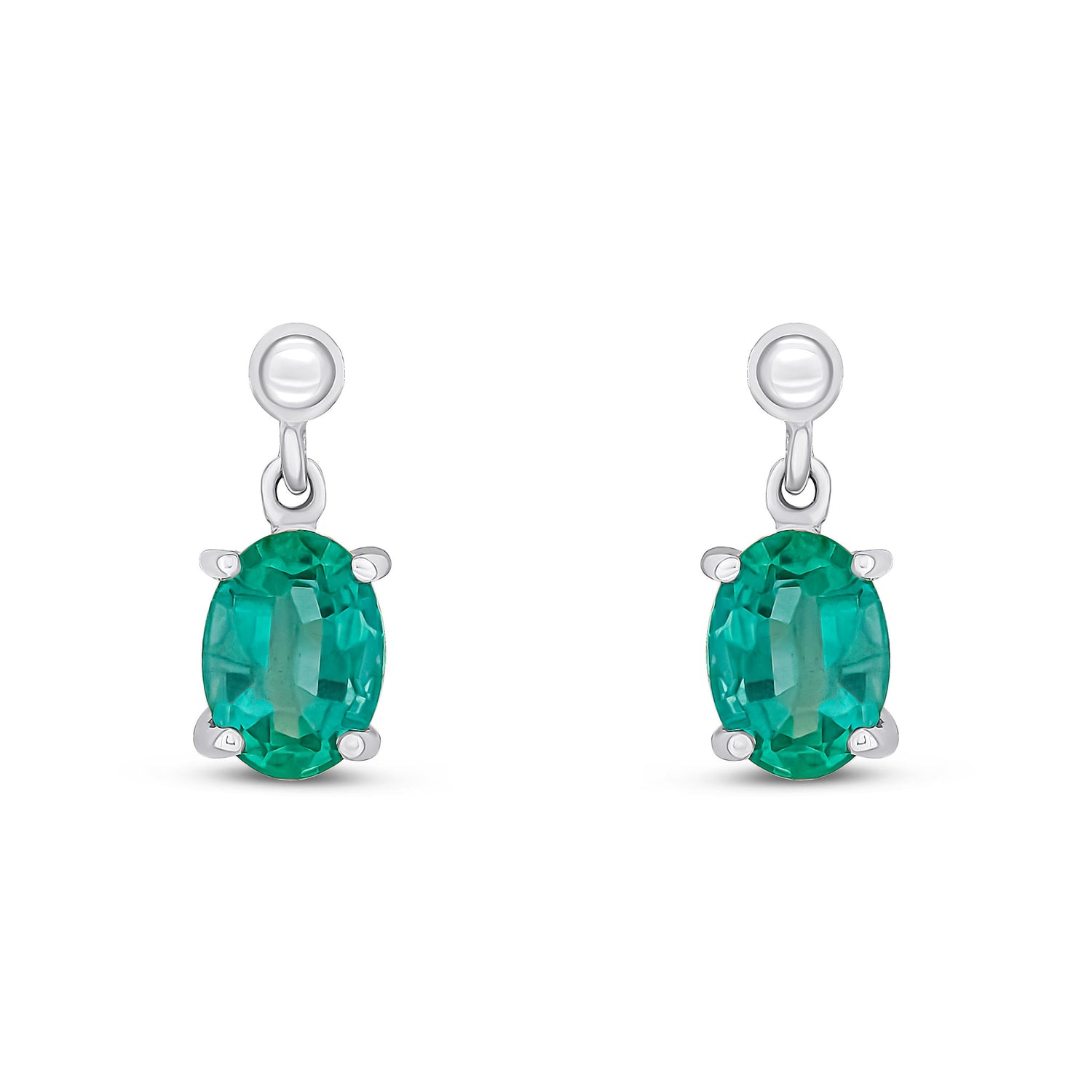 9ct White Gold Oval Shaped Natural Emerald Drop Earrings — 7x5mm