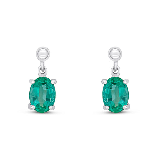 9ct White Gold Oval Shaped Natural Emerald Drop Earrings — 7x5mm
