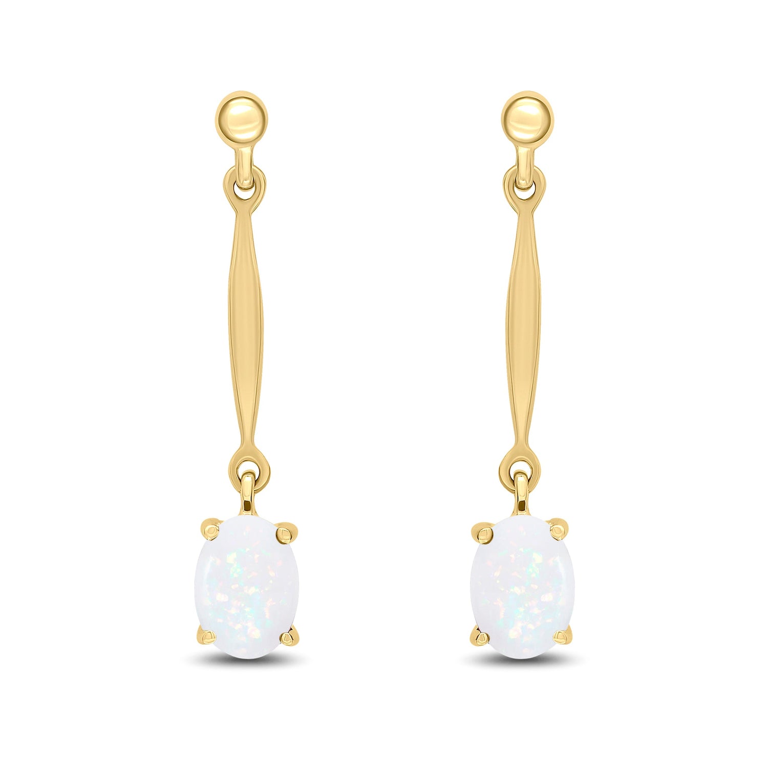 9ct Yellow Gold Oval Natural Opal Claw Bar Drop Earrings with Bead Tops — 7x5mm