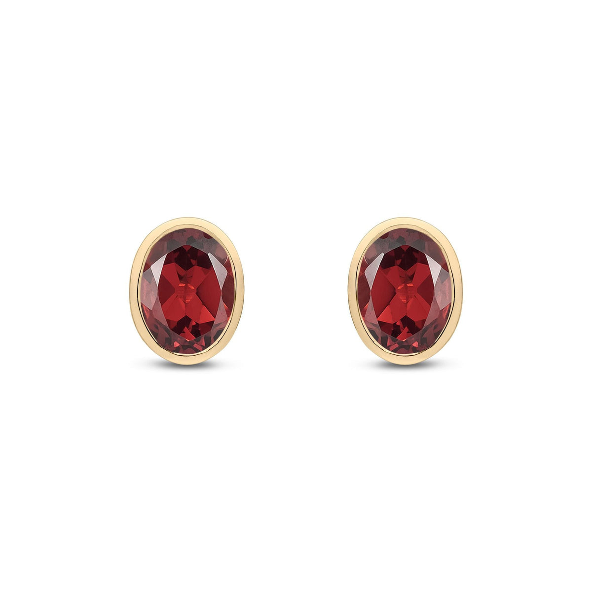 9ct Yellow Gold Oval Natural Garnet Rubover Stud Earrings — 7x5mm