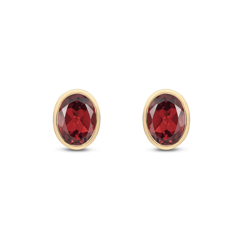 9ct Yellow Gold Oval Natural Garnet Rubover Stud Earrings — 7x5mm