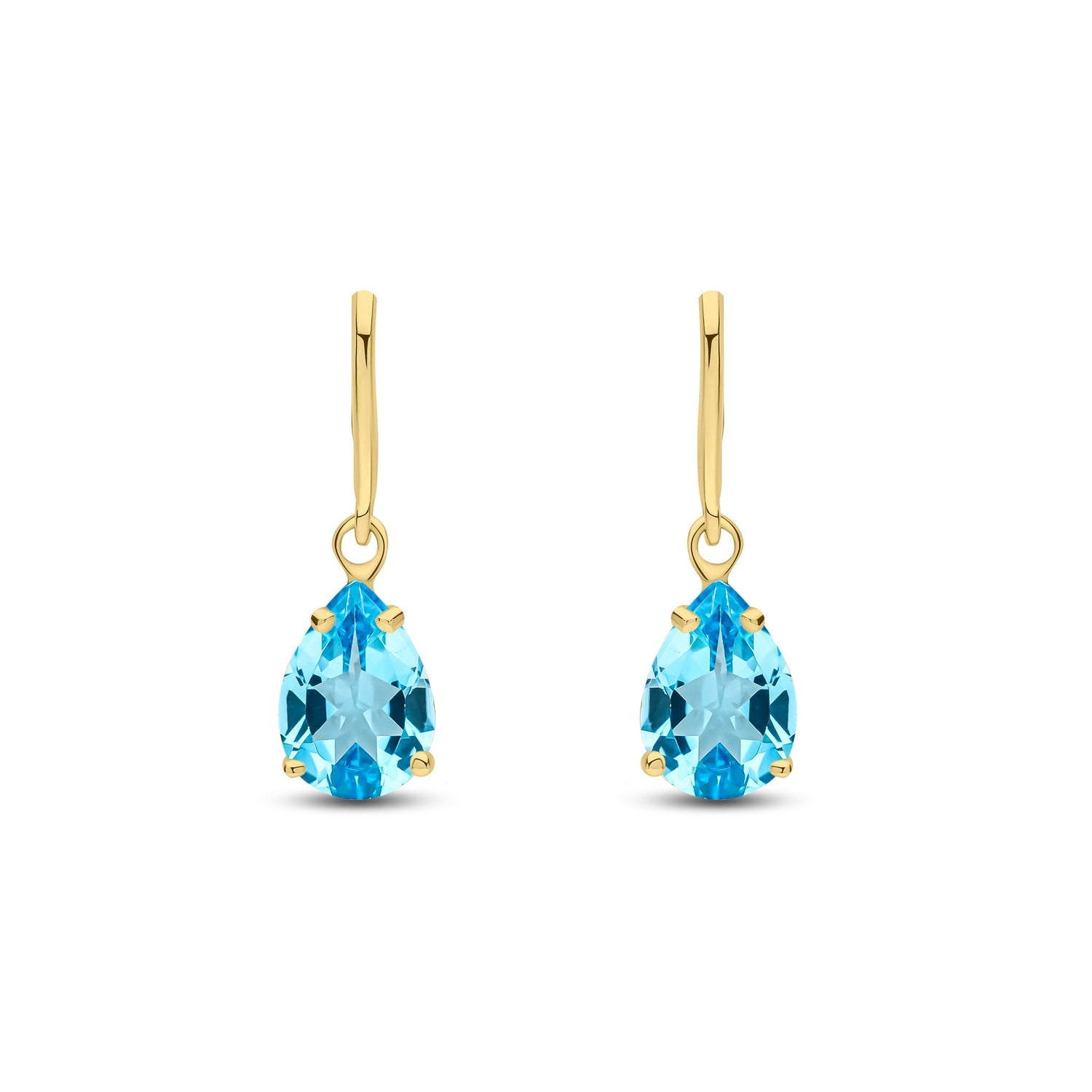 9ct Yellow Gold Pear Shaped Natural Swiss Blue Topaz Claw Wire Hook Drop Earrings — 7x5mm