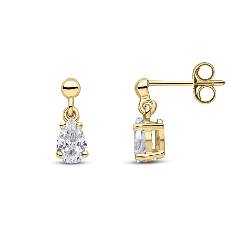 9ct Yellow Gold Pear Shaped Cubic Zirconia CZ Claw Drop Earrings — 6x4mm