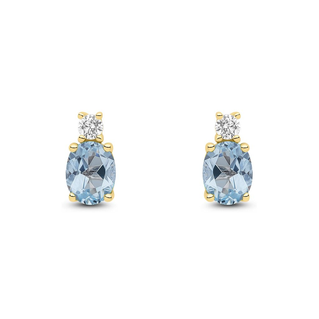 18ct Yellow Gold Oval Natural Aquamarine and Round Diamond Two Stone Stud Earrings — 5x4mm