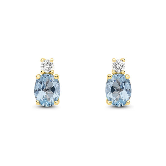 18ct Yellow Gold Oval Natural Aquamarine and Round Diamond Two Stone Stud Earrings — 5x4mm