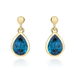 9ct Yellow Gold Pear Shaped Natural London Blue Topaz Rubover Drop Earrings — 7x5mm