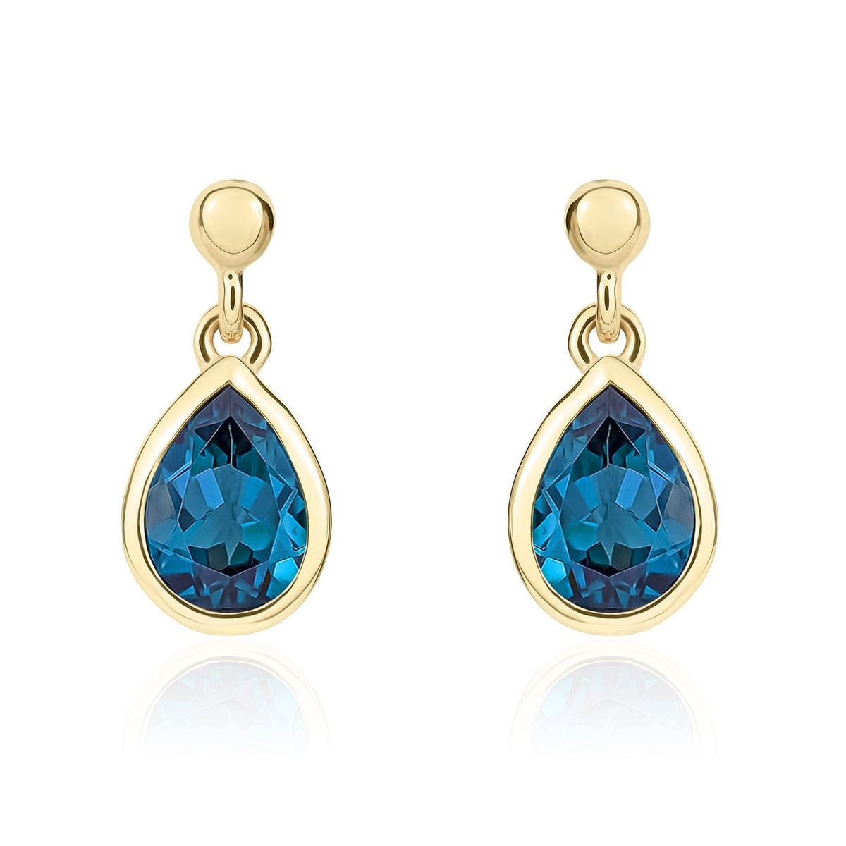 9ct Yellow Gold Pear Shaped Natural London Blue Topaz Rubover Drop Earrings — 7x5mm