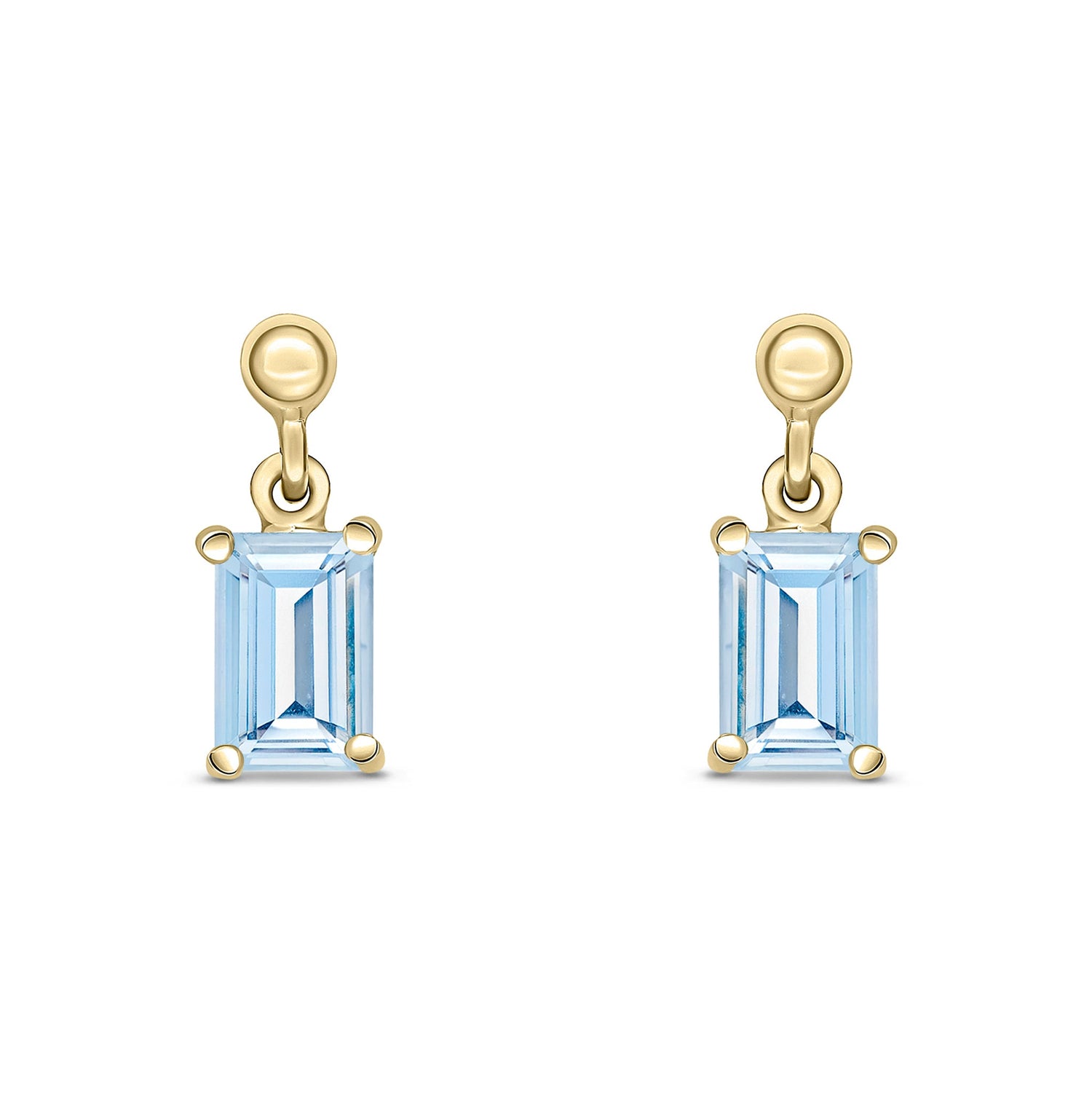 9ct Yellow Gold Octagonal Emerald Cut Natural Aquamarine Claw Drop Earrings with Bead Tops — 6x4mm