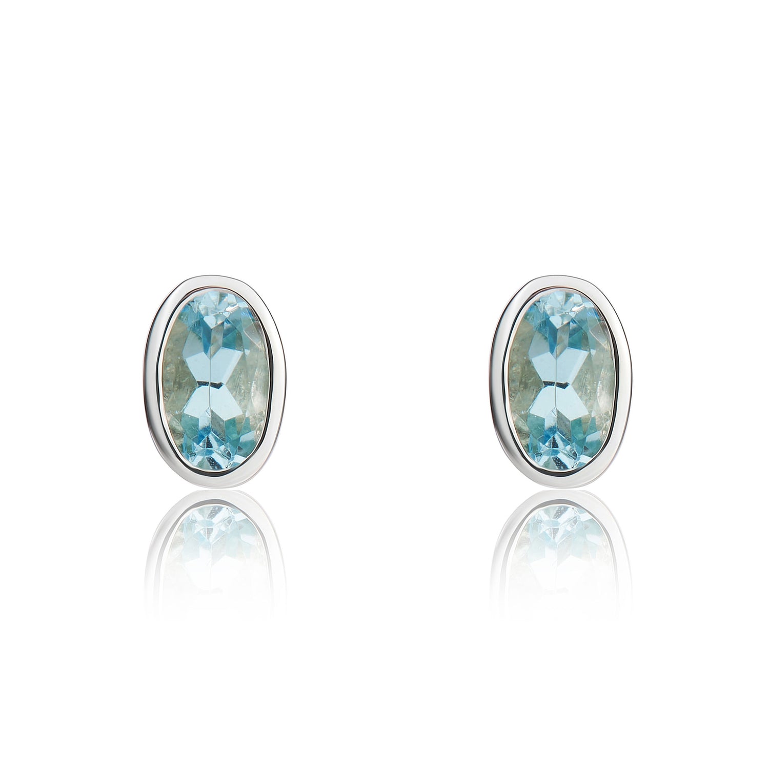 9ct White Gold Oval Natural Aquamarine Rubover Stud Earrings — 5x3mm