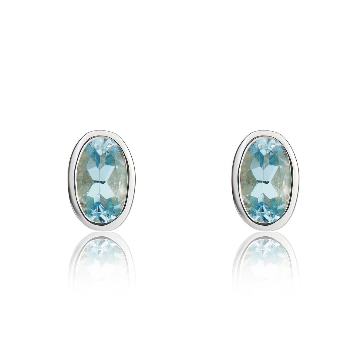9ct White Gold Oval Natural Aquamarine Rubover Stud Earrings — 5x3mm