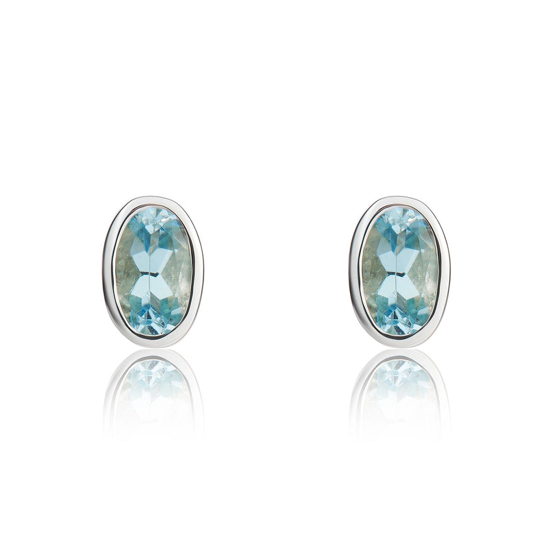 9ct White Gold Oval Natural Aquamarine Rubover Stud Earrings — 5x3mm
