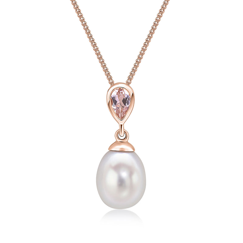 9ct Rose Gold Pearl and Pear Shaped Natural Morganite Drop Pendant