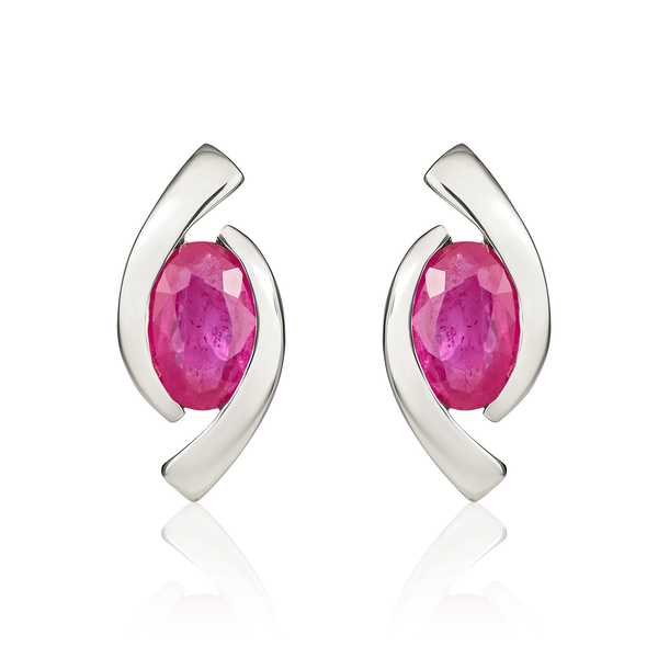 9ct White Gold Oval Natural Ruby 'Eye' Stud Earrings — 6x4mm