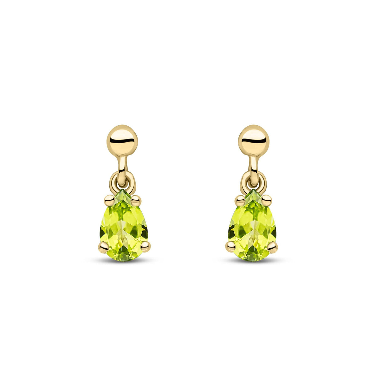 9ct Yellow Gold Pear Shaped Natural Peridot Claw Drop Earrings — 6x4mm