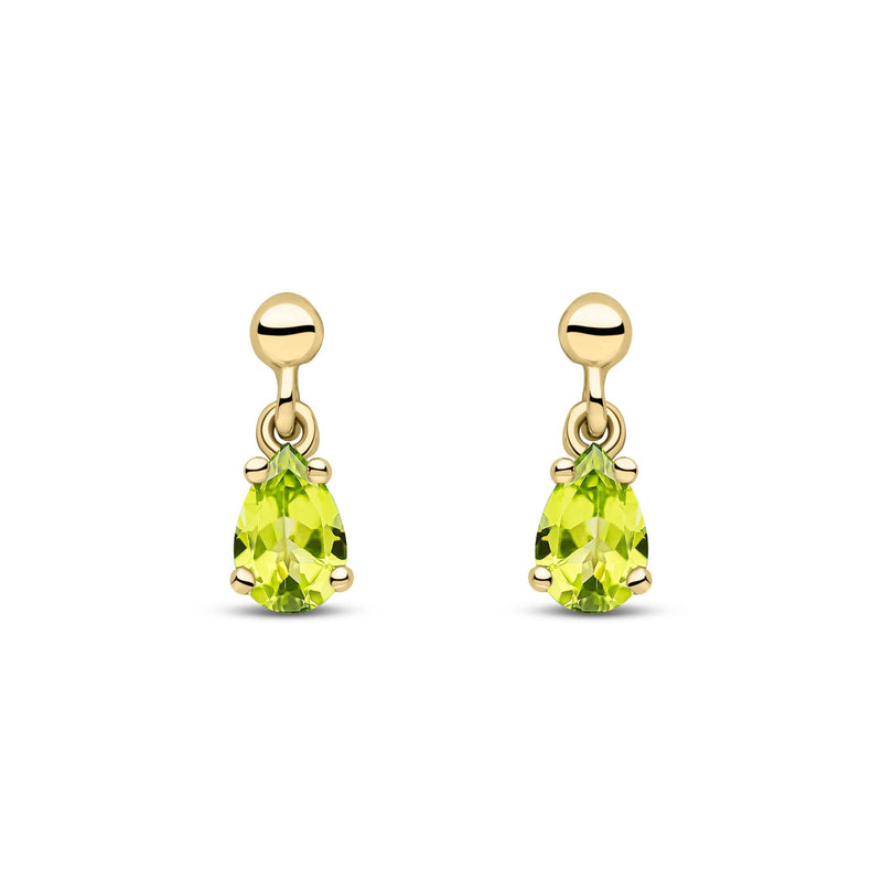 9ct Yellow Gold Pear Shaped Natural Peridot Claw Drop Earrings — 6x4mm